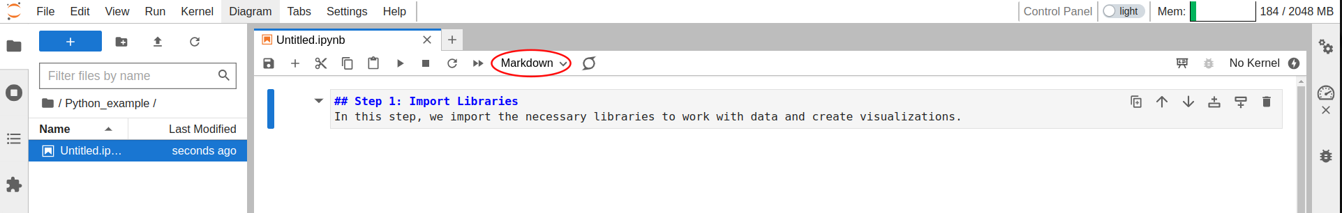 Selecting Markdown cell type